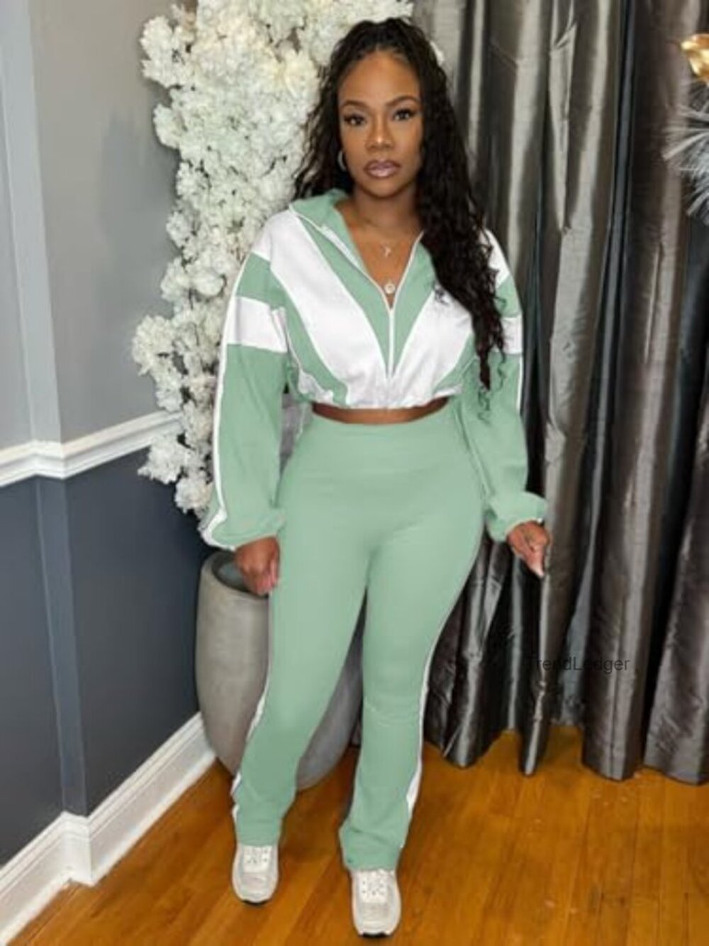 2 Piece Outfit Color Block Zip Jacket Bodycon Long Pants Set - Picture 3 of 6